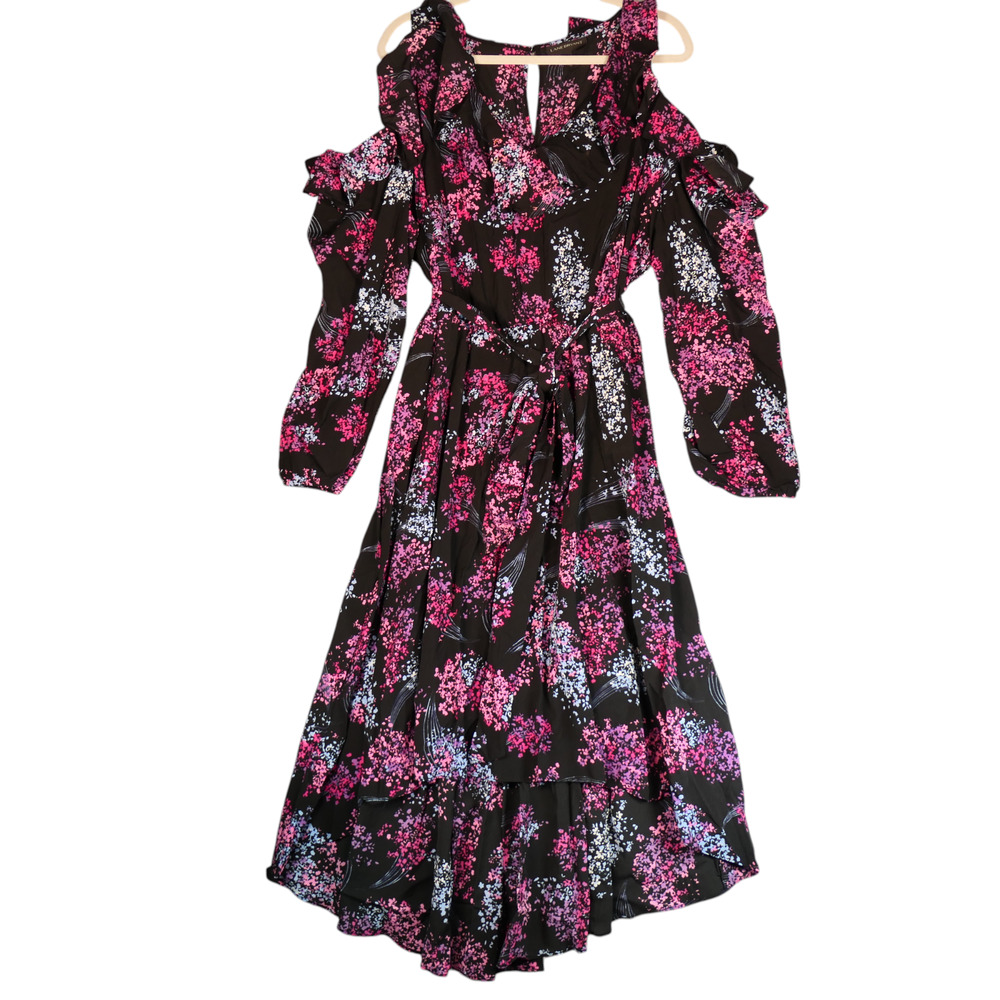 Lane Bryant Cold Shoulder Maxi Dress Womens 22 Black Pink Floral Peasant Boho - Picture 2 of 7